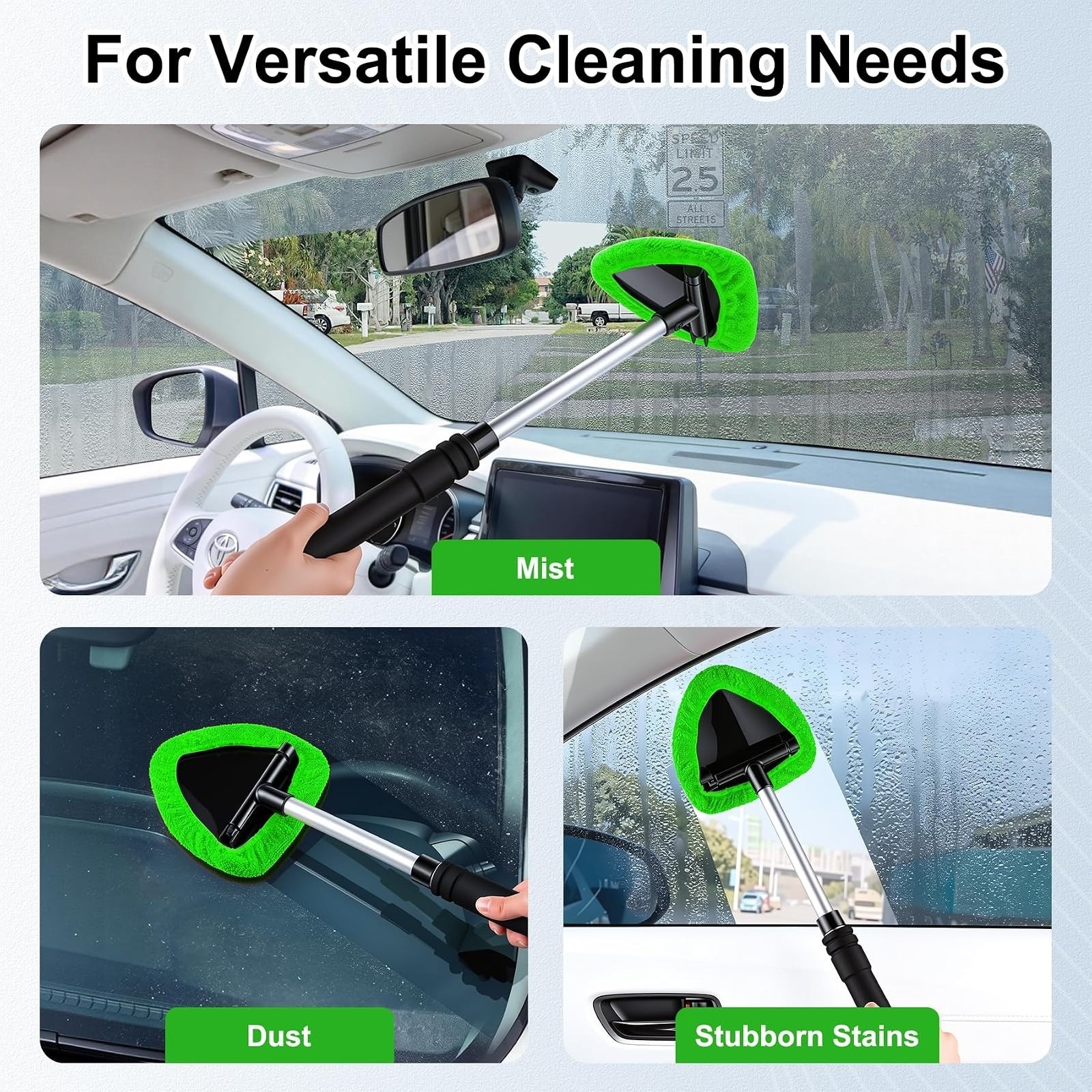 JUSTTOP Windshield Cleaner Tool with Extendable Handle & Microfiber Pads