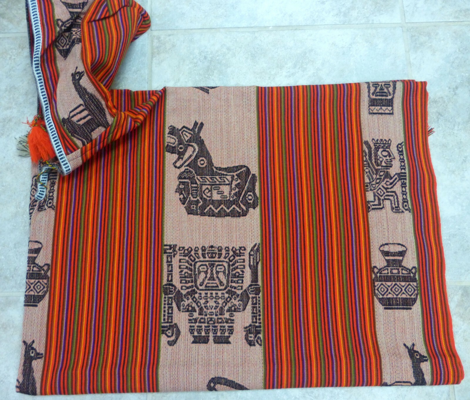 Andean Shamans Hooded Orange Tones with Colored Designs Poncho