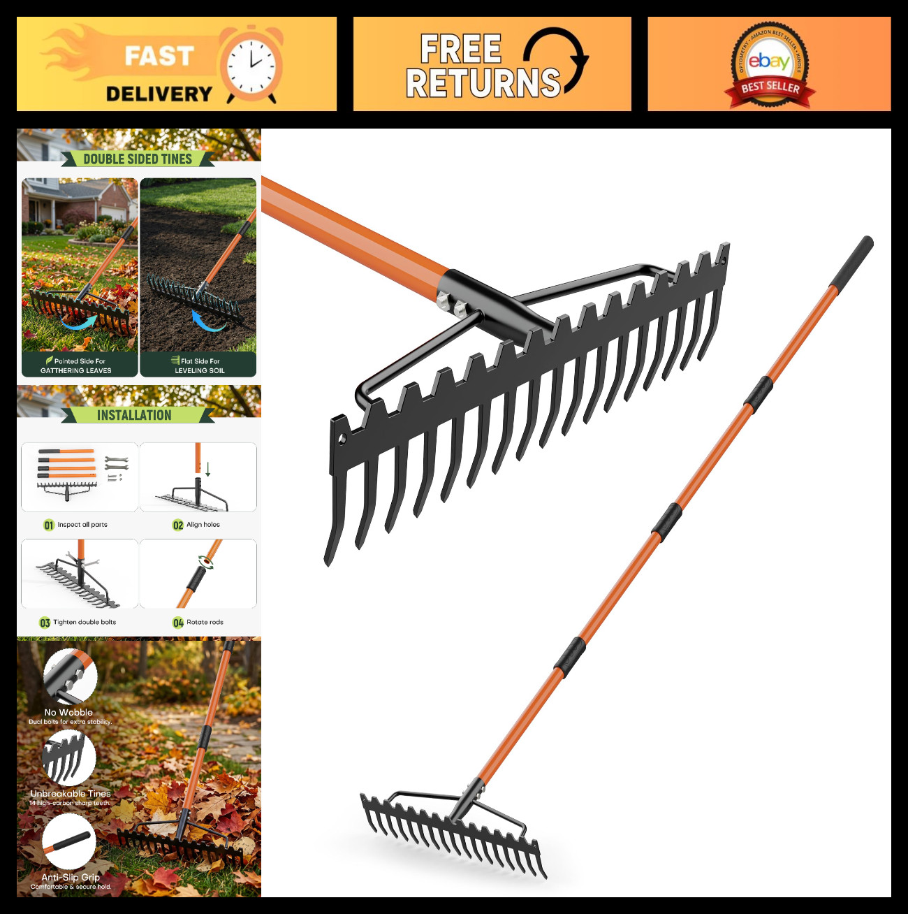 63" Heavy Duty Garden Rake - 17-Tine Metal Head, Adjustable Handle, Lawn & Soil