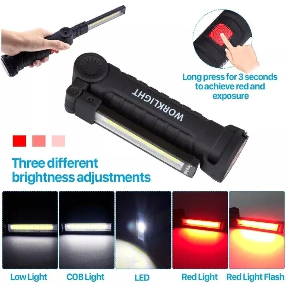 2x LED COB Red White Work Light USB Rechargeable Flashlight Magnetic Base Small