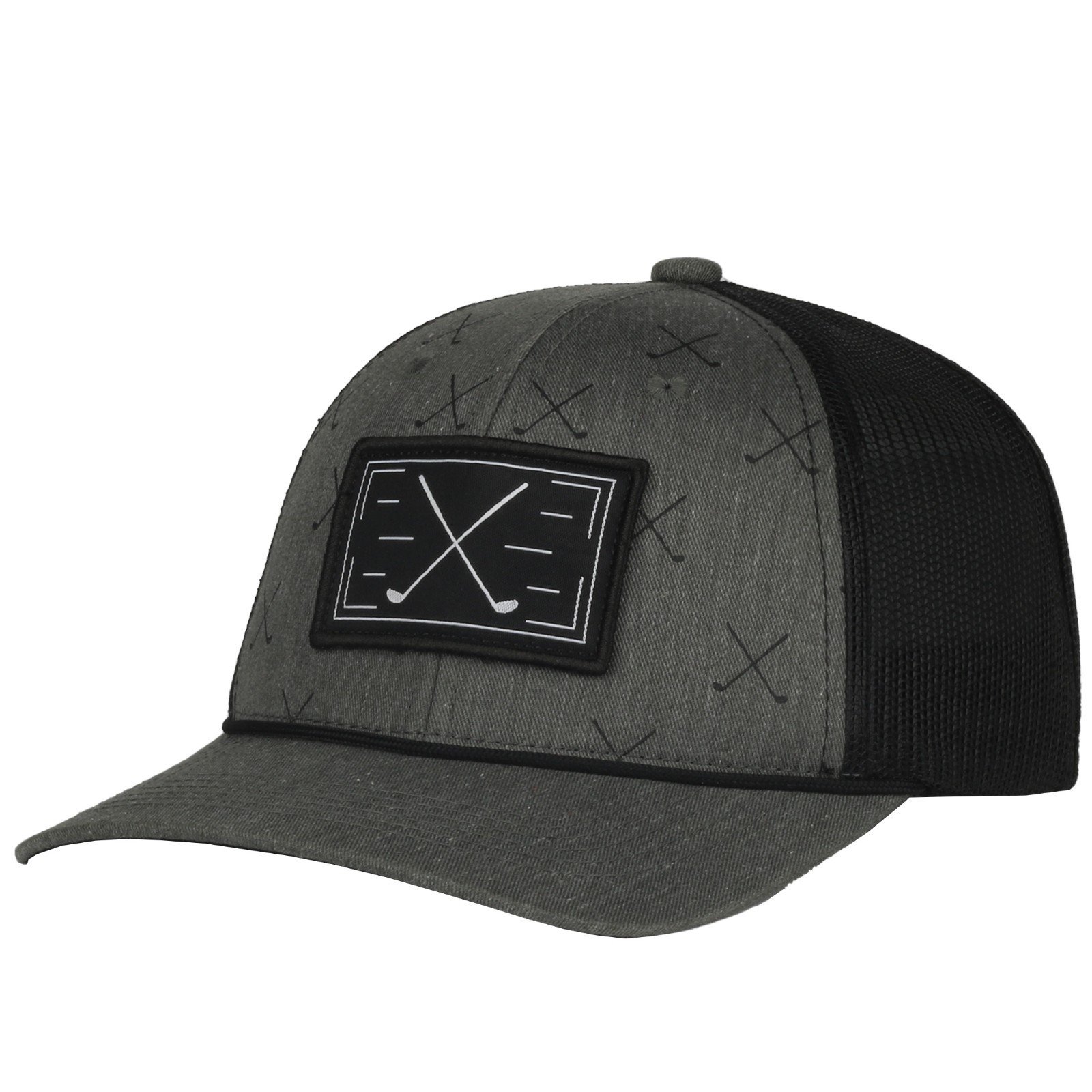 Men's Golf Trucker Hat, Black with Golf Clubs Graphic, Mid Profile Snapback