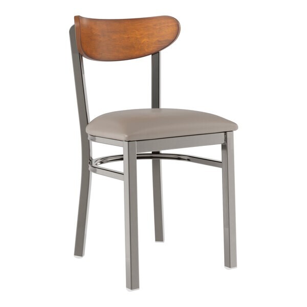 Boomerang Back Clear Coat Metal Dining Chair, Gray Vinyl Seat & Walnut Wood Back