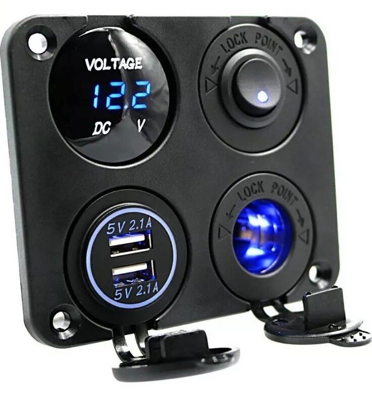 Blue LED Switch Panel Kit Dual USB Car Charger+Voltmeter+12V Power Socket+On-Off