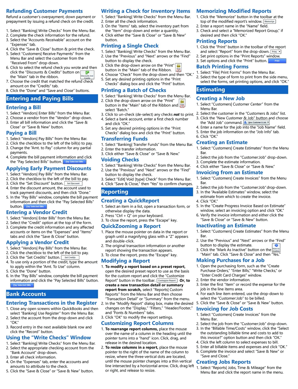 QuickBooks Pro 2021 Training Guide Quick Reference Card 4 Page Cheat Sheet