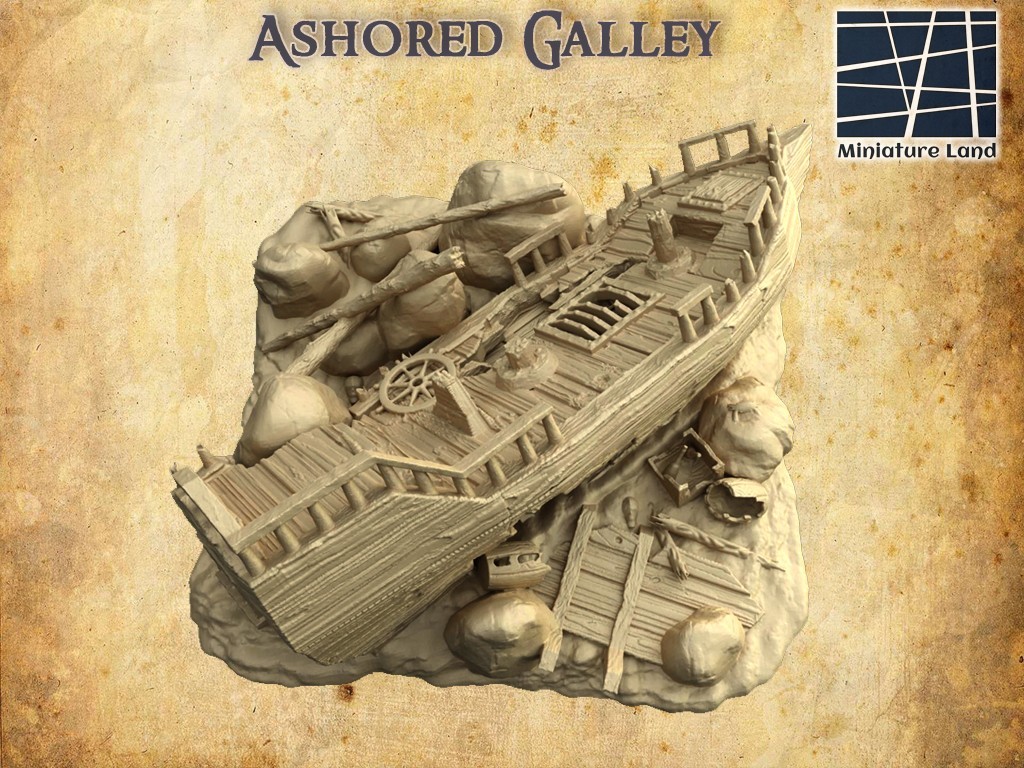Ashored Galley Wreck 28mm Pirate Terrain D&D Blood & Plunder Ghost Archipelago