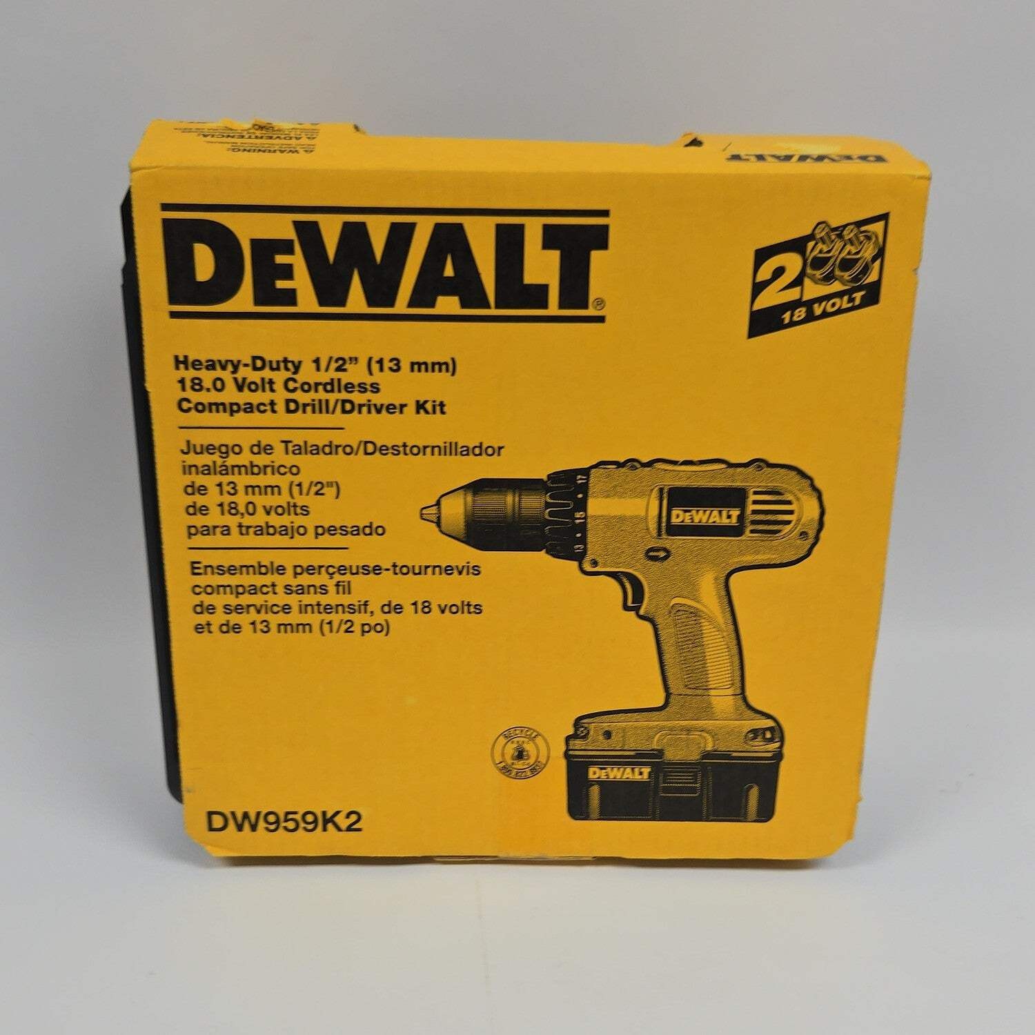 New DeWalt DW959K2 18V Heavy-Duty 1/2 Inch Cordless Compact Drill/Driver Kit
