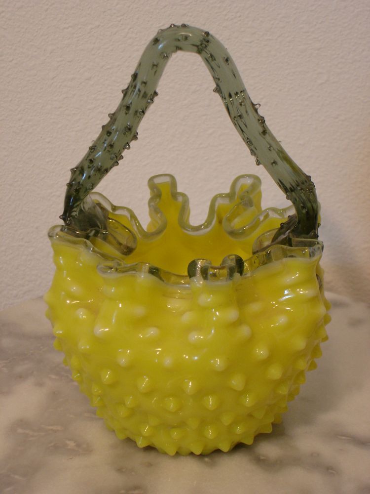 Victorian Franz Welz Opaque Yellow Hobnail Art Glass handled Basket