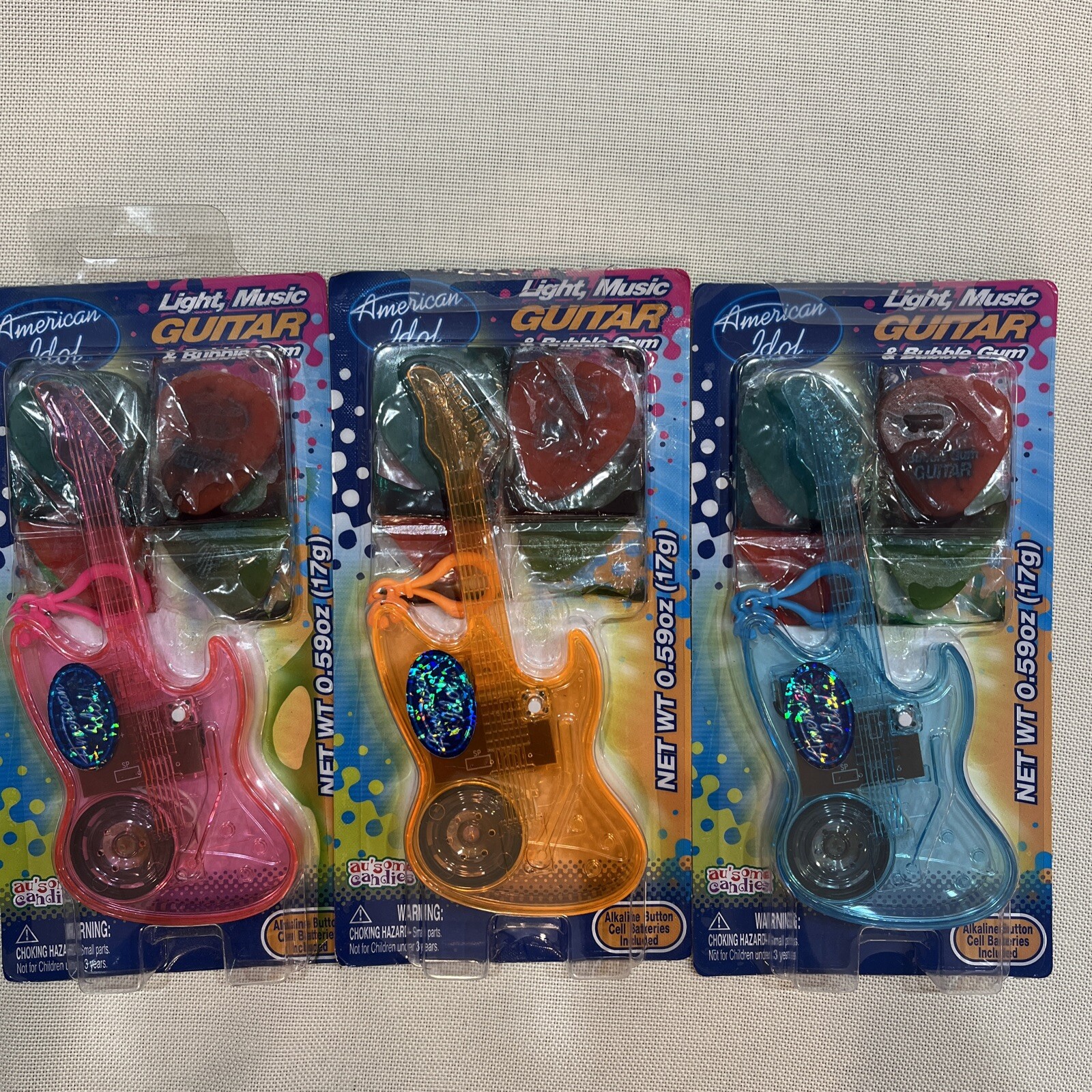 2006 American Idol-Light, Music Guitar & Bubble Gum-Toy Guitar-MOC LOT OF 3