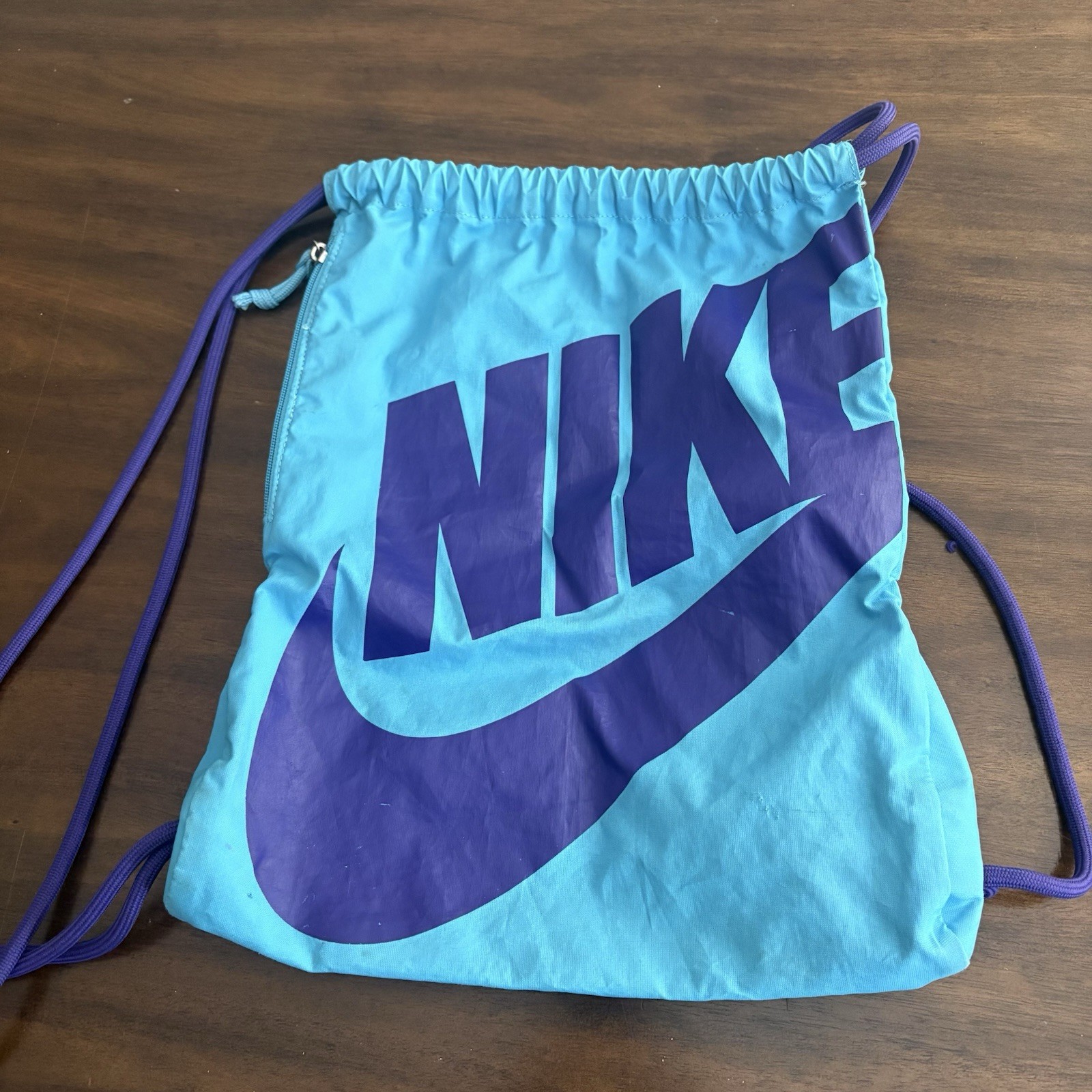 Nike Girls Womens Drawstring Backpack Sports Bag Teal Blue Purple Zip Pocket H7