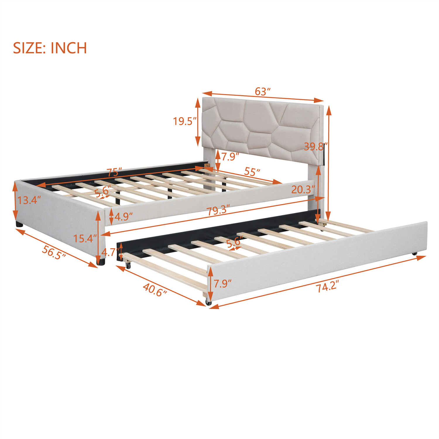 Full/Queen Size Bed Frame Upholstered Platform Bed w/ Headboard Beige/Gray US