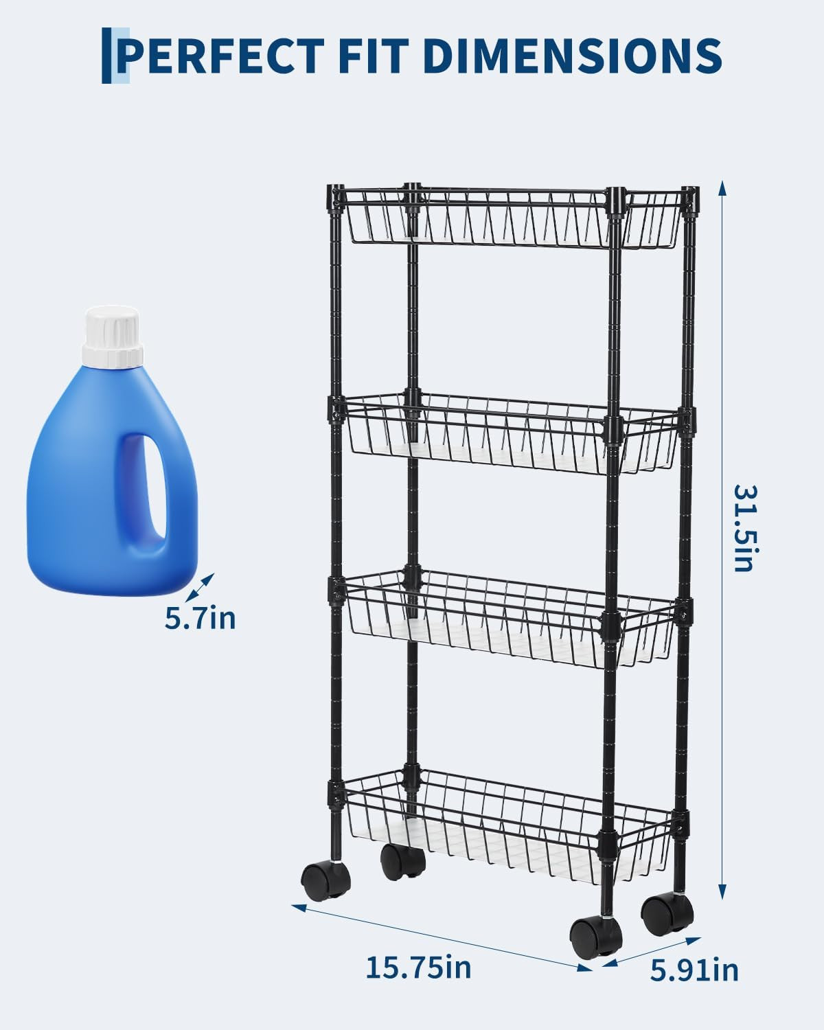 4-Tier Slim Rolling Storage Cart, Metal Utility Cart on Wheels, Multi-Functional