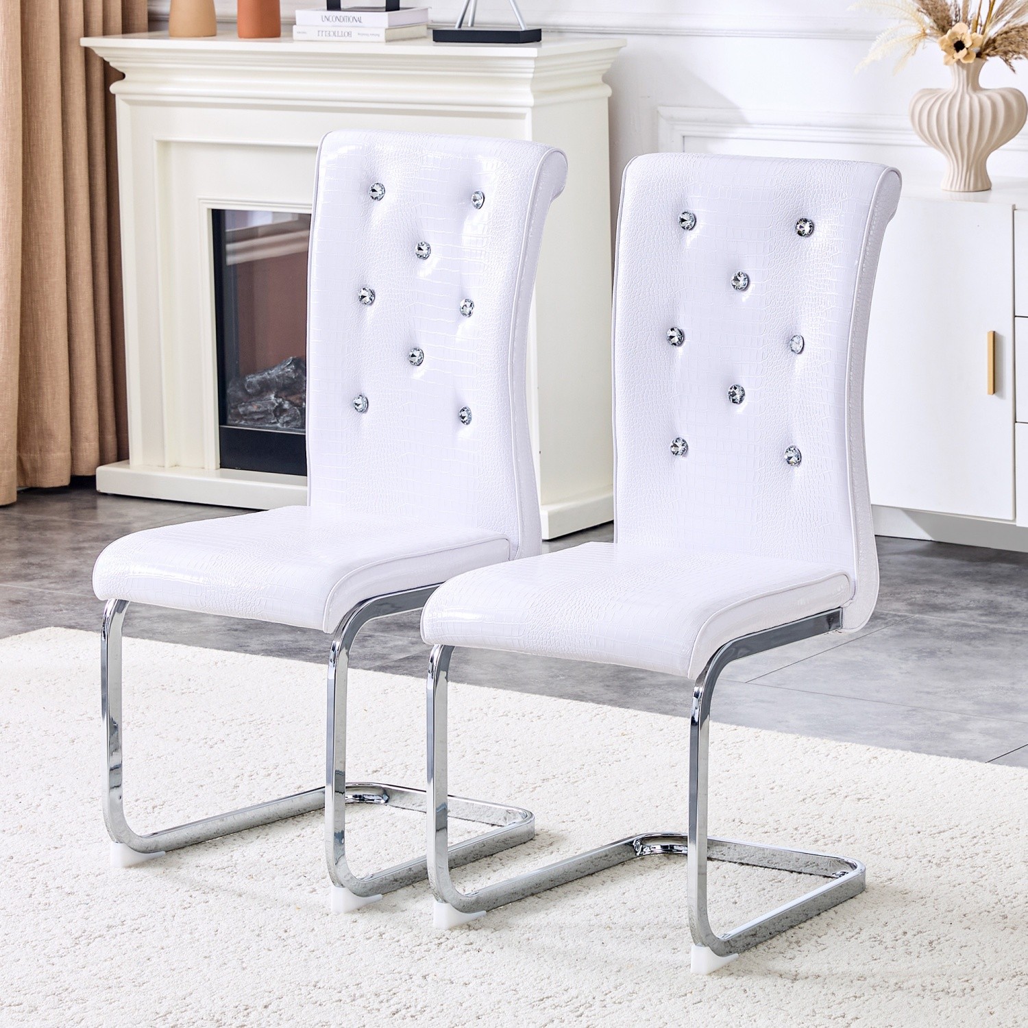 Set of 2 Modern Upholstered Faux Leather Dining Chairs w/ Silver Metal Bow Leg