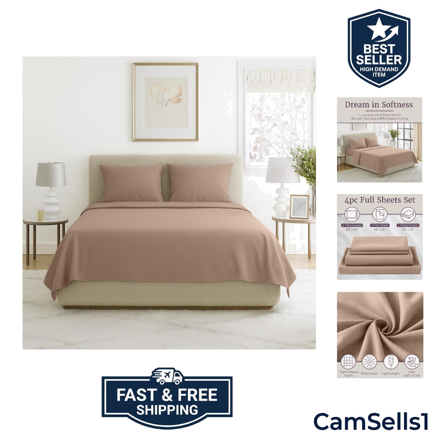 Brushed Microfiber Sheet Set, Full, Taupe