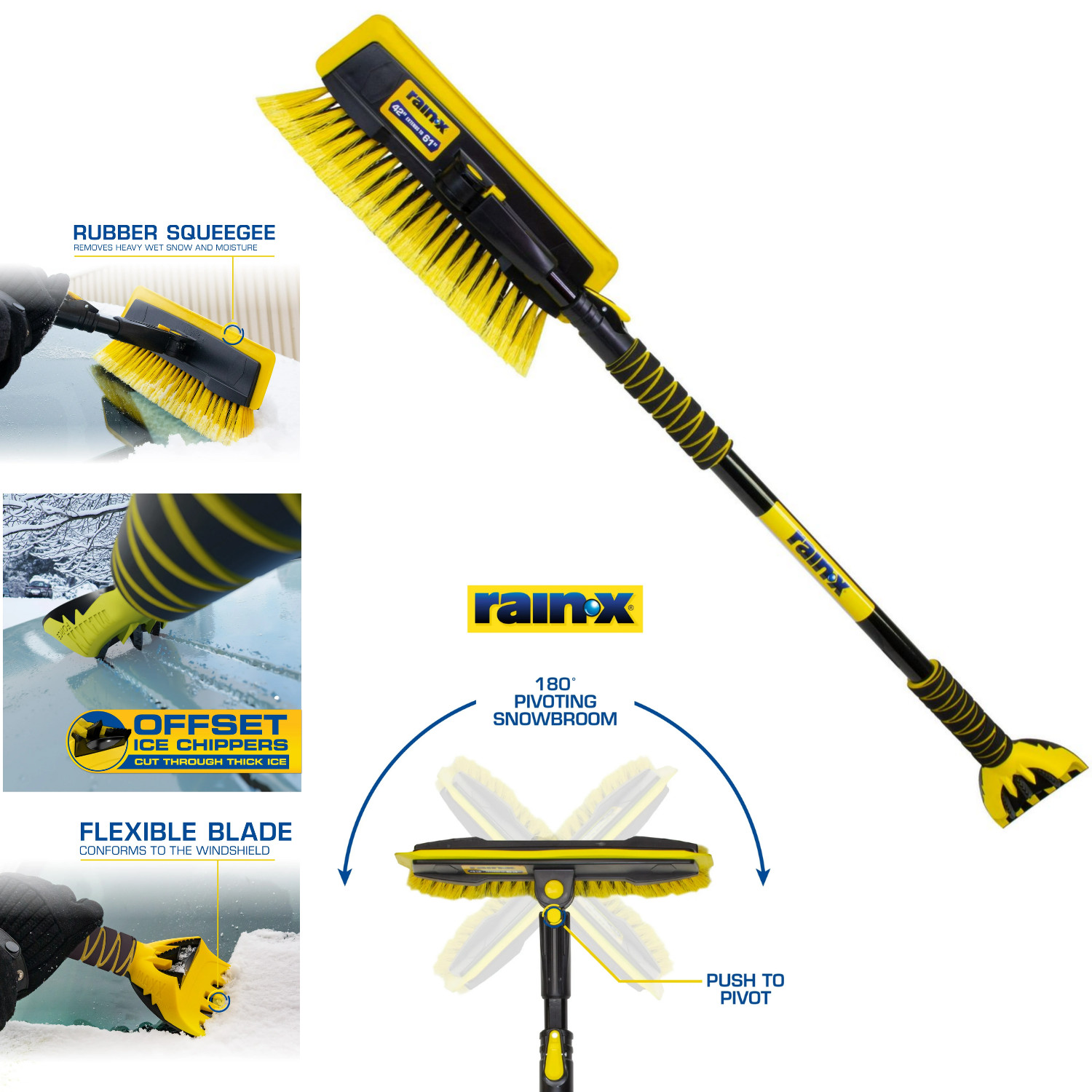 Rain-X 61" Extendable Car Snow Broom and Ice Scraper Tool, Black and Yellow