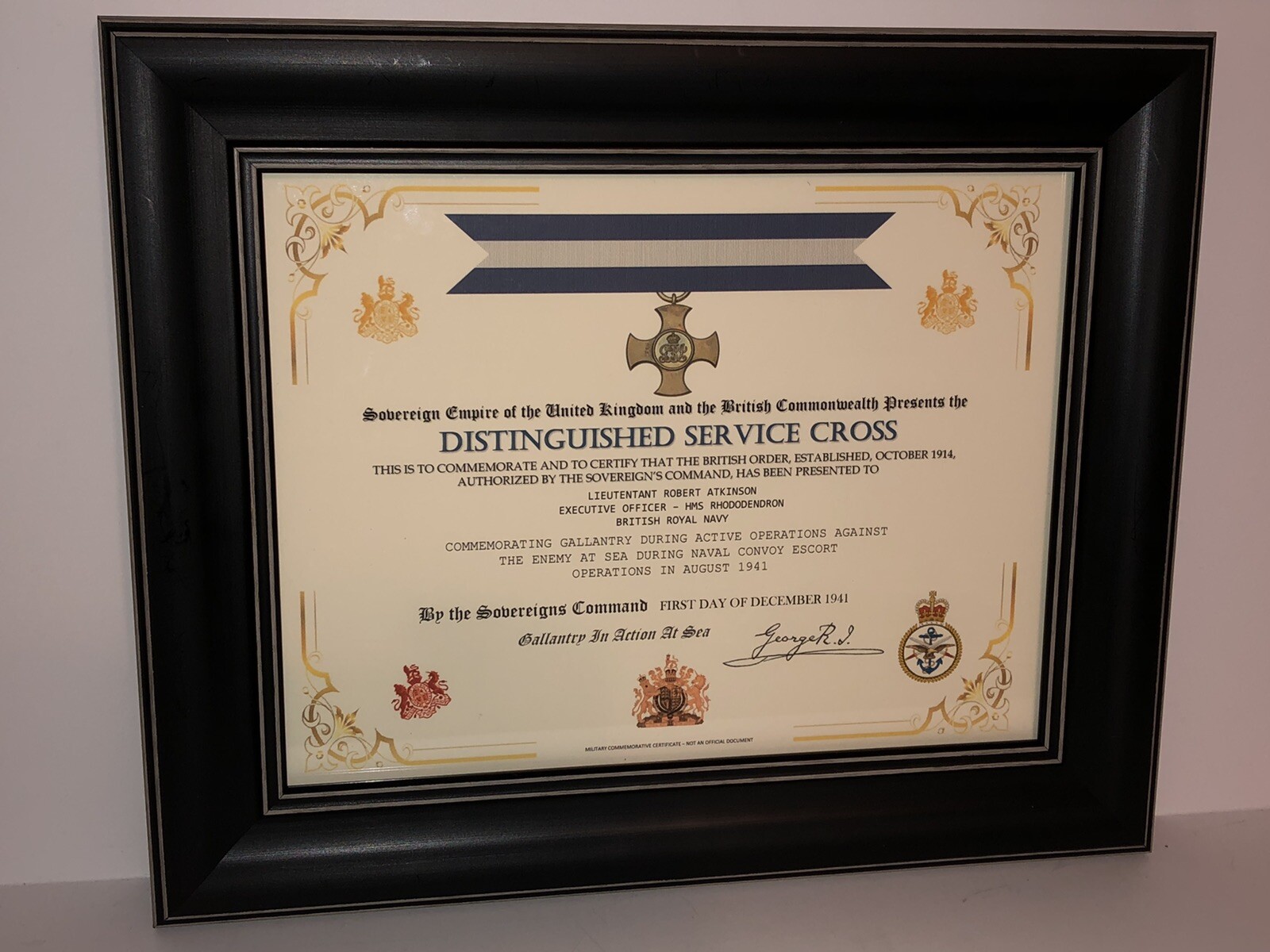 BRITISH DISTINGUISHED SERVICE CROSS [UK] COMMEMORATIVE CERTIFICATE ~ Type 1