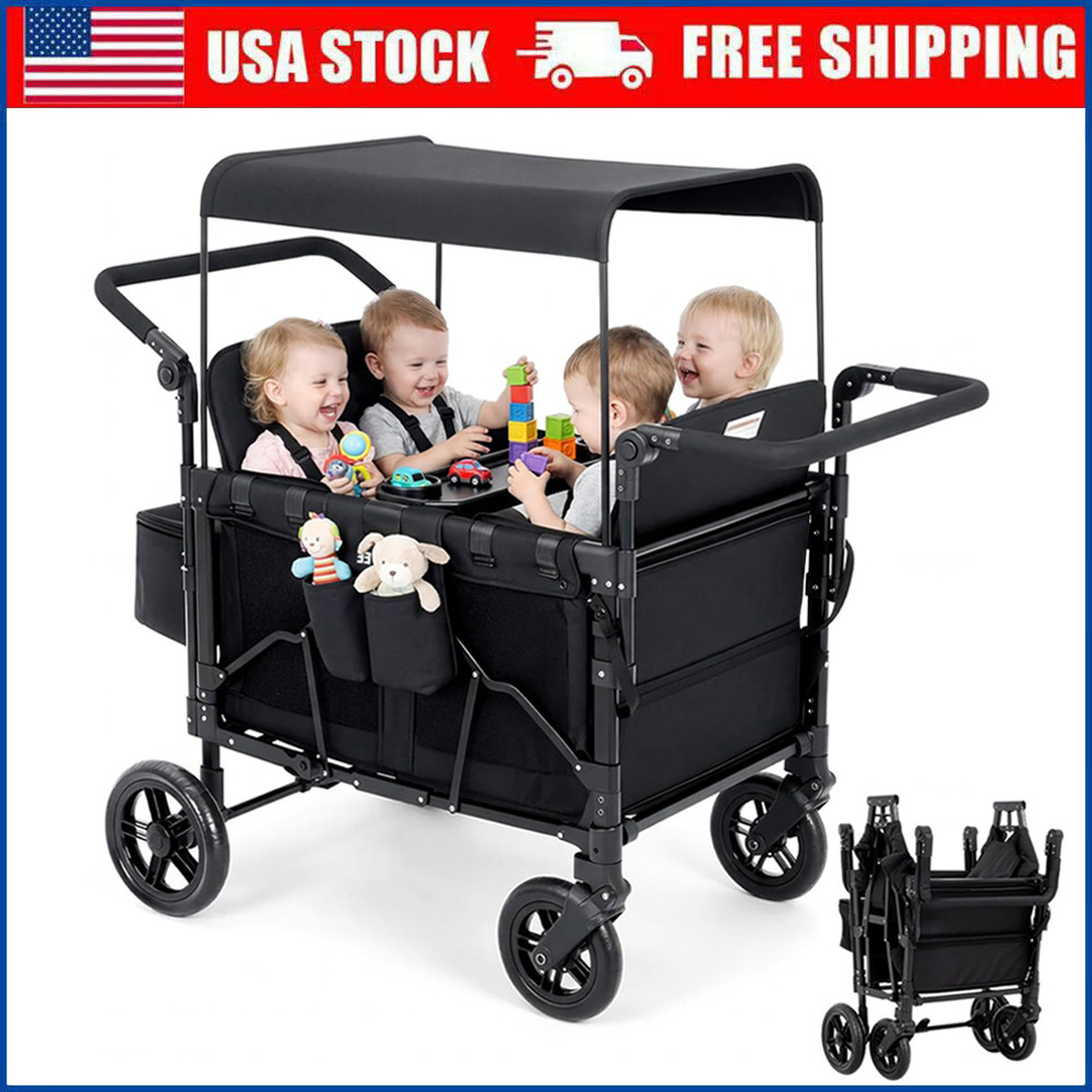 4 Seater Wagon Stroller Foldable Lightweight with Canopy and Safety Harnesses