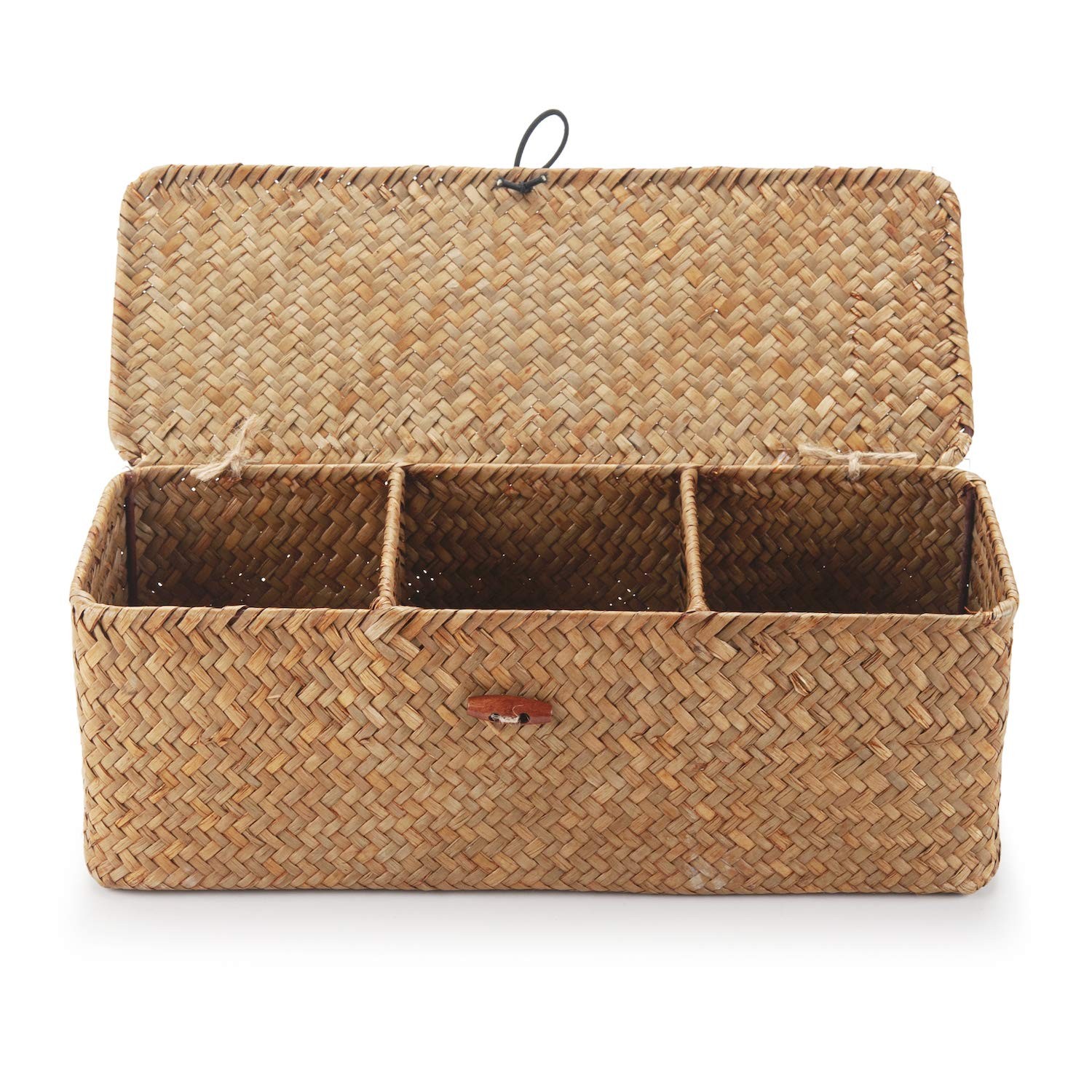 Seagrass Storage Basket with Lid Rectangular Small Woven Shelf Baskets with S...