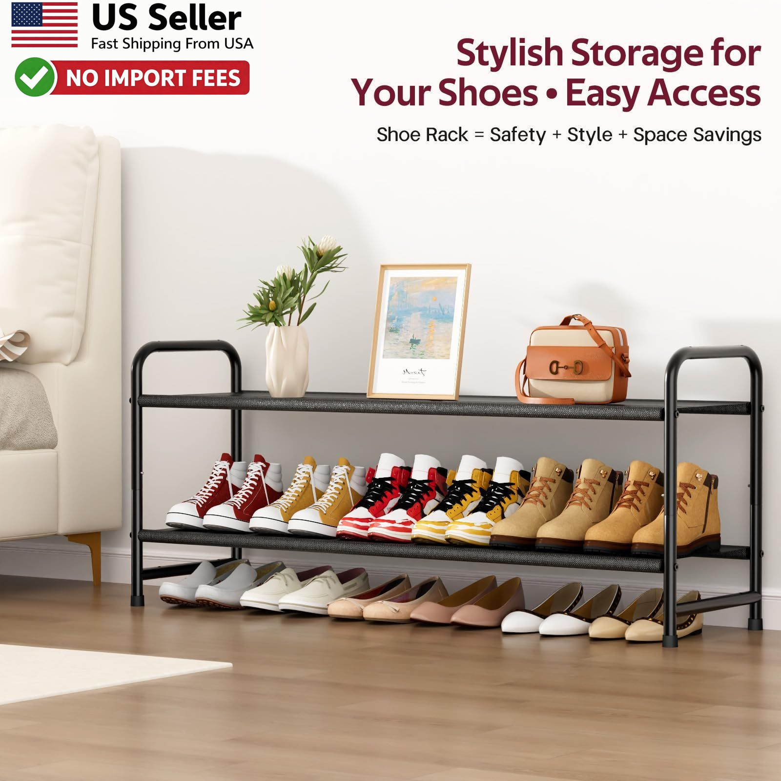 SLEEPING LAMB 2-Tier Long Shoe Organizer Stackable 18-Pairs Rack Black FROM USA