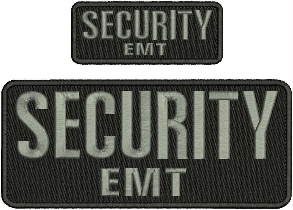 SECURITY EMT embroidery patches 4x10 and 2x5 hook on back Gray On Black