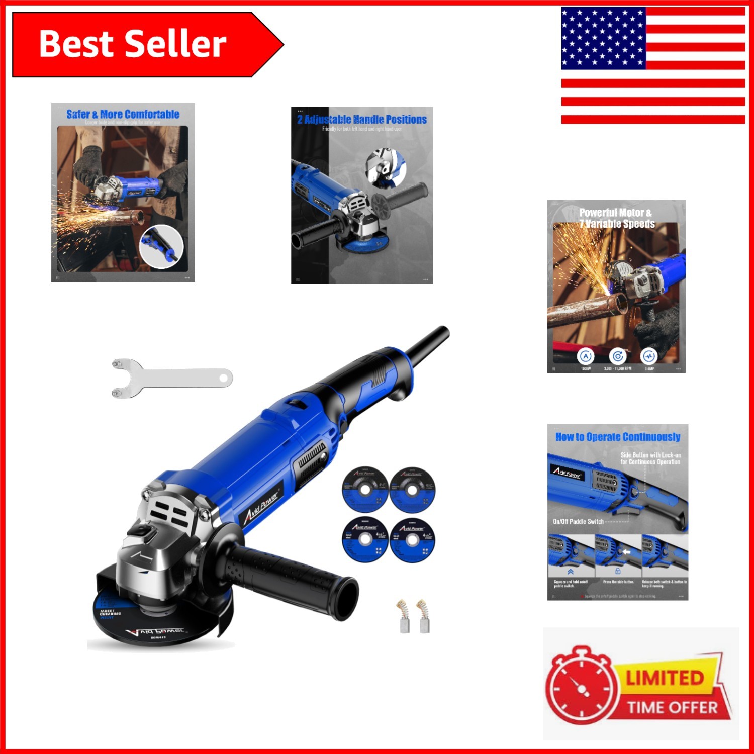 4-1/2 Inch 1000W Angle Grinder with Adjustable 7 Speeds & Safety Guard