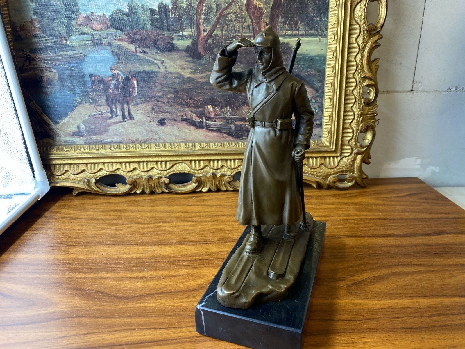 Bronze Sculpture Russian Soldier on Black Marble Socket Signed