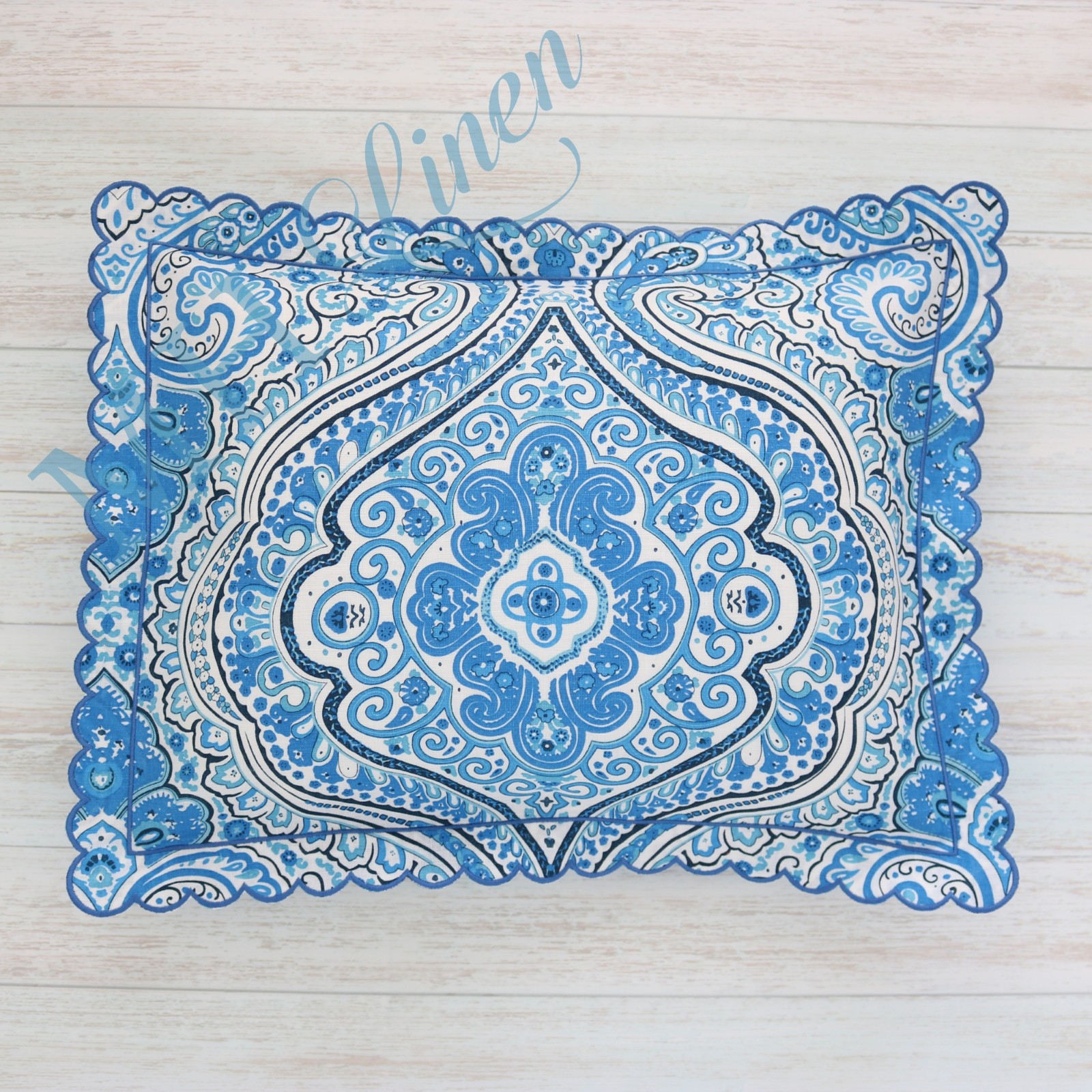 SAMPLE Blue Paisley? Linen Boudoir Sham Pillow Scalloped Border, 12x16