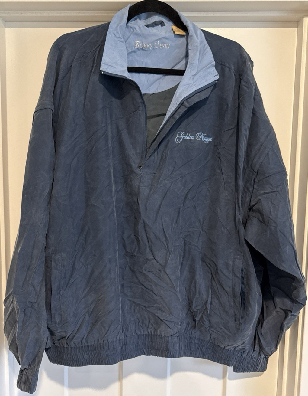 Bobby Chan Navy Silk Golf Jacket Zip Sleeves 1/2 Zipper Men’s XL Golden Nugget