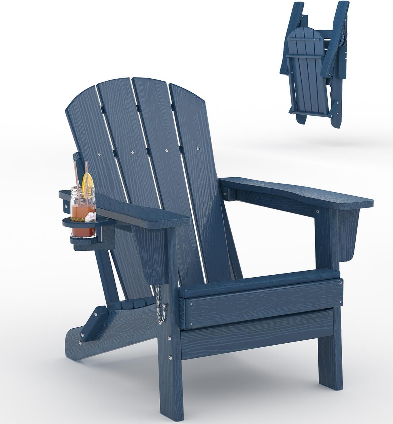 Folding Adirondack Chair with Cup Holder, HDPE Outdoor Patio Chair, Navy Blue
