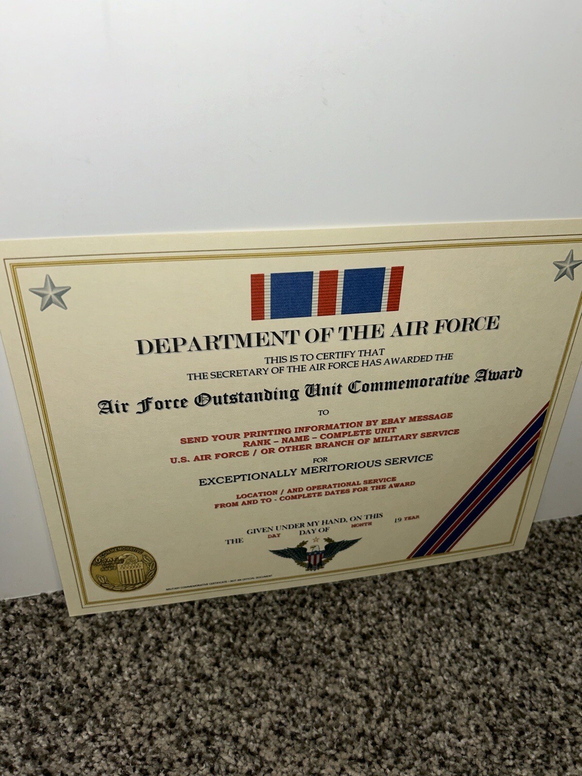 AIR FORCE OUTSTANDING UNIT COMMEMORATIVE AWARD CERTIFICATE~W/PRINTING T-1