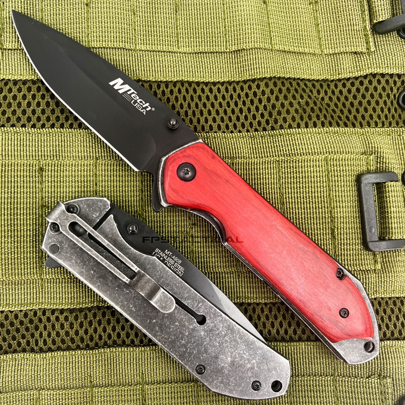 MTech USA Spring Assisted Pocket Knife Black w Redwood Stonewash 3.75" MT-A908RW