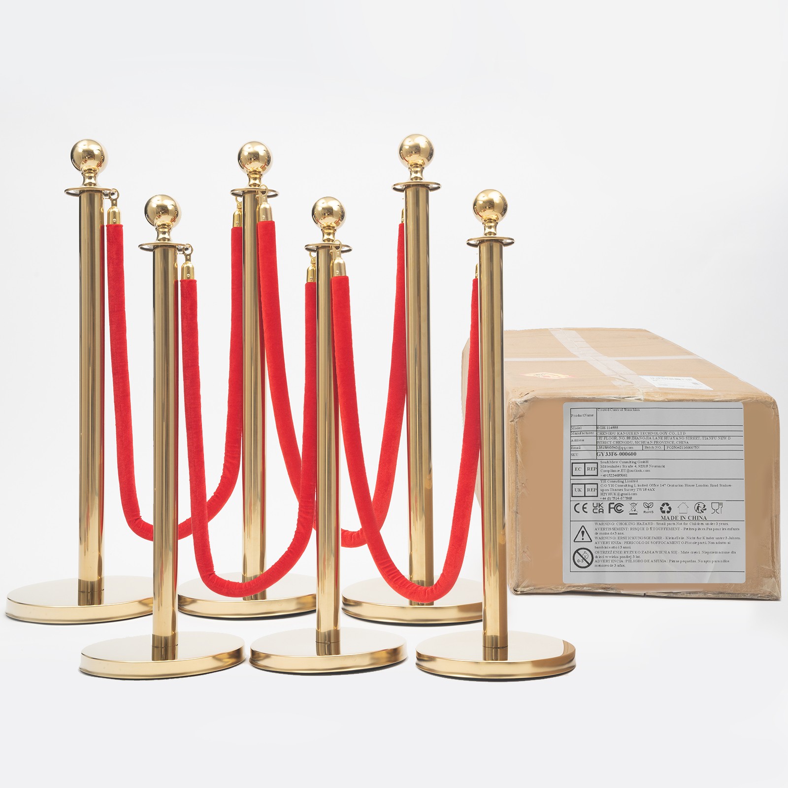 6 Pcs Red Velvet Rope +Gold Stanchion Post Set Crowd Control Queue Pole Barrier
