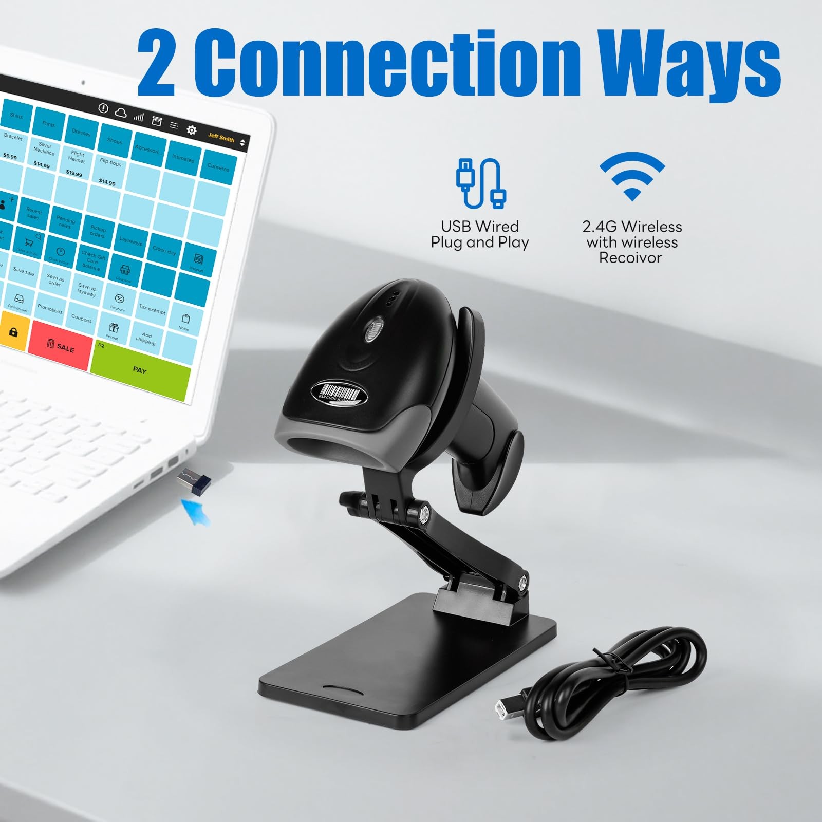 QR Code Scanner Foldable Stand 1D 2D 2.4G Wireless USB Wired Handheld CMOS
