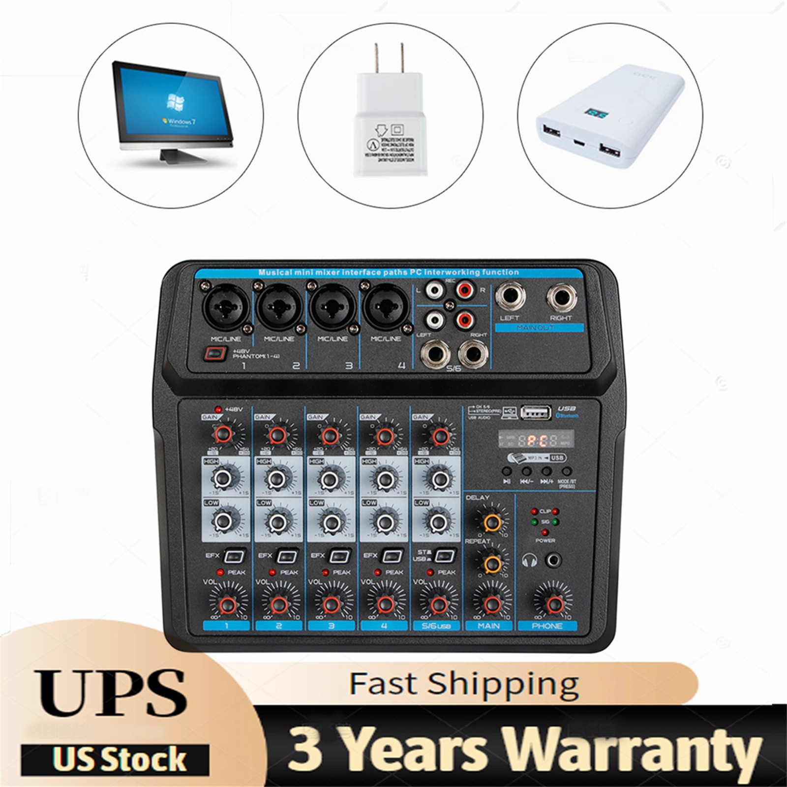 6 Channel Live Studio Audio Mixer USB Bluetooth DJ Sound Mixing Console Amplifie