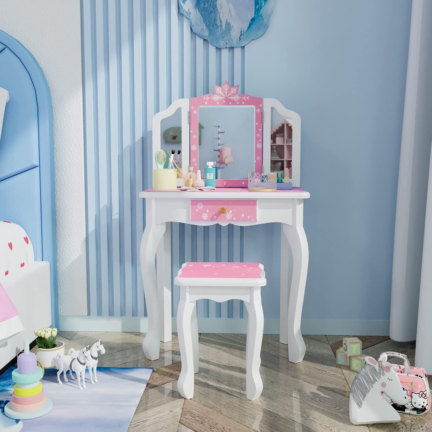 JOYMOR Kids Vanity Set, Wooden Princess Makeup Table with Stool