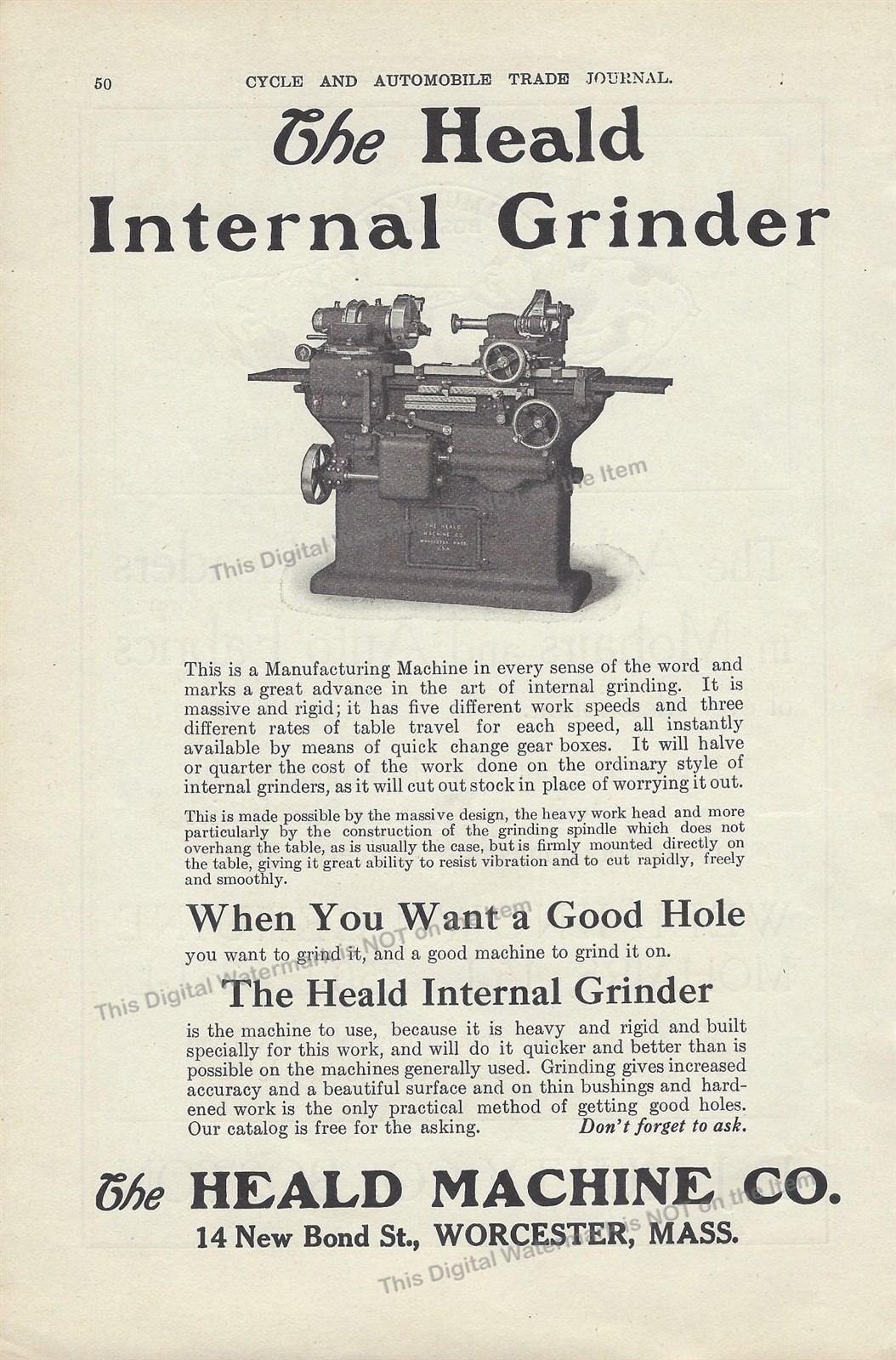 1910 Ad * Heald Internal Grinder Machine from Heald Machine Co Worcester Mass