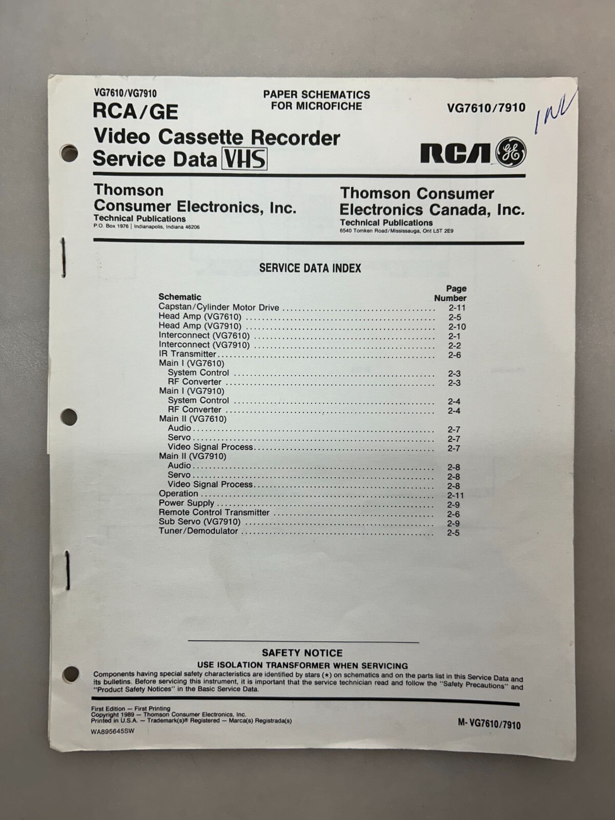 RCA VG7610 7910 Original Schematics Free Shipping