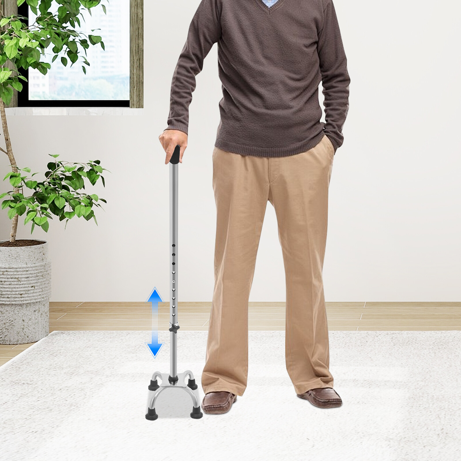 Adjustable Walking Cane Stick Mobility Quad Four Prong Base Small Base Walker