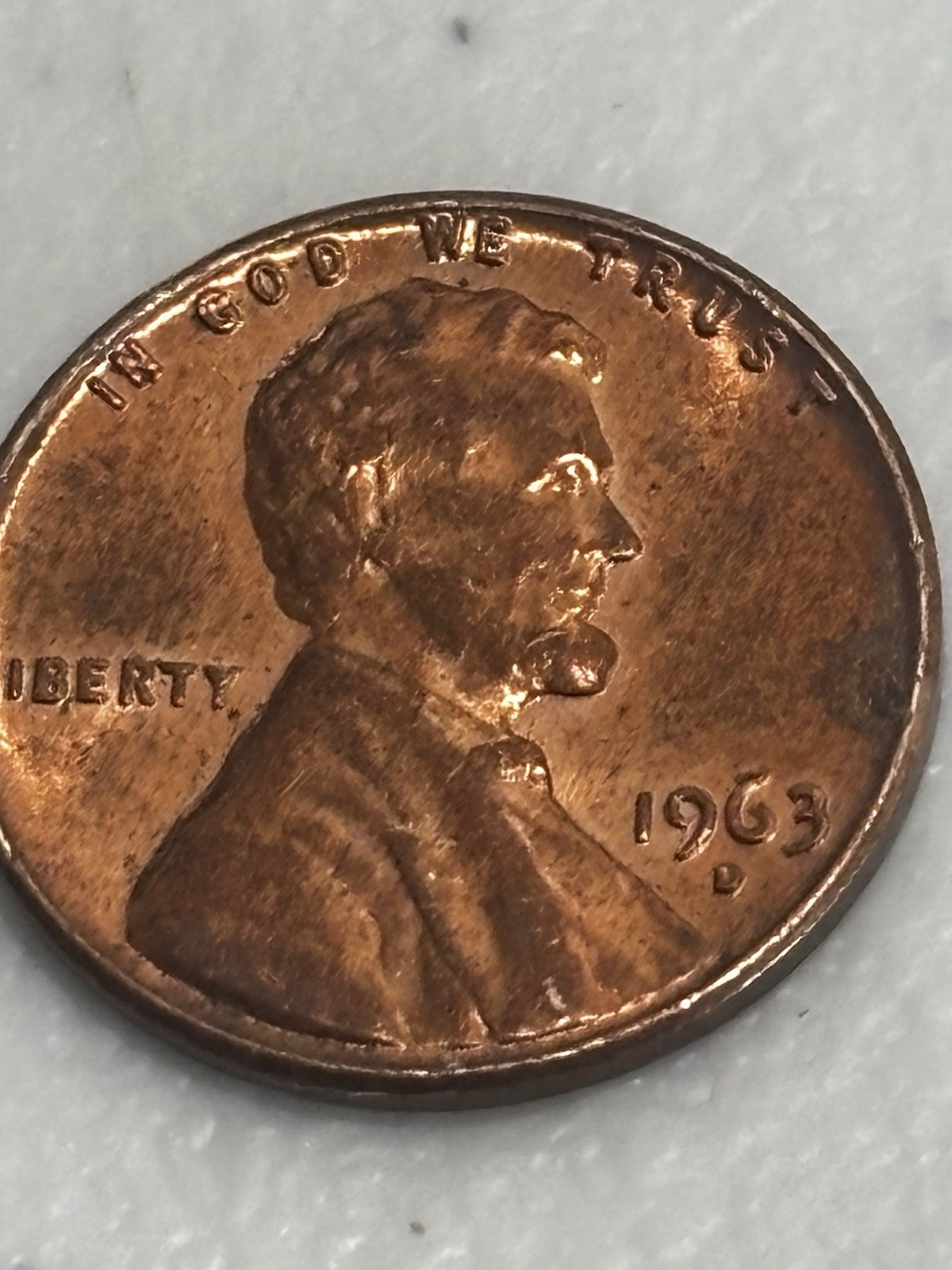1963 Lincoln penny Double Die obverse and double on nose neck and dent on head