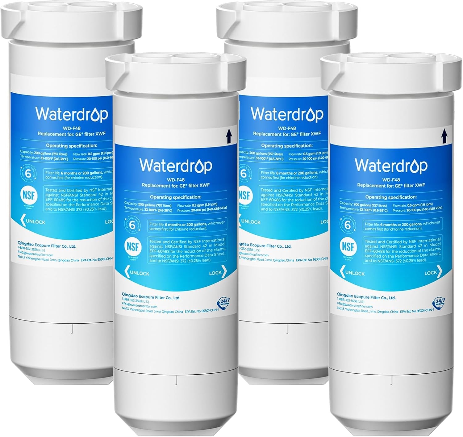 Waterdrop XWF Refrigerator Water Filter, Replacement for GE® XWF, 4 Filters