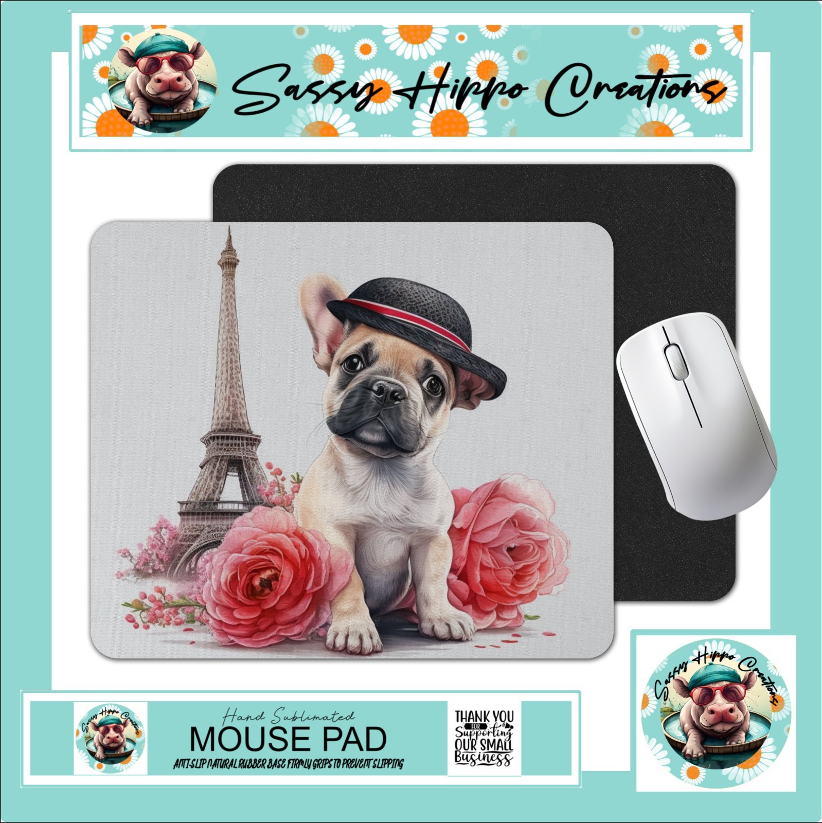 Mouse Pad English Bulldog Eiffel Tower Paris Flowers Anti Slip Back Easy Clean