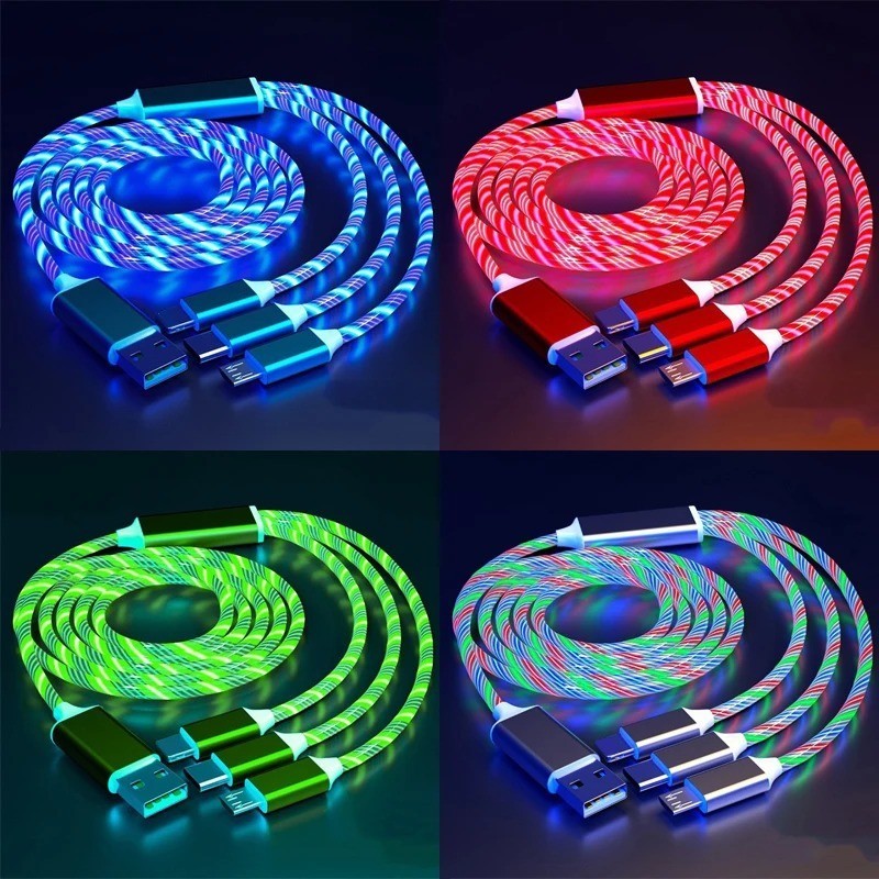 Luminous LED USB C Cable 3in1 Fast Charging iPhone Samsung Xiaomi Glow Cord