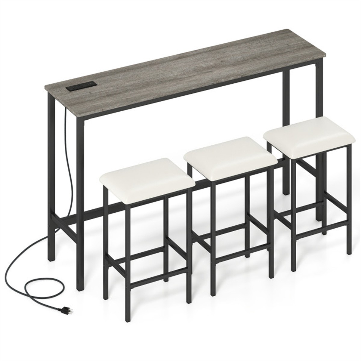 4 Piece Counter Height Bar Table Set with USB Ports Gray Pub Table with 3 Stools