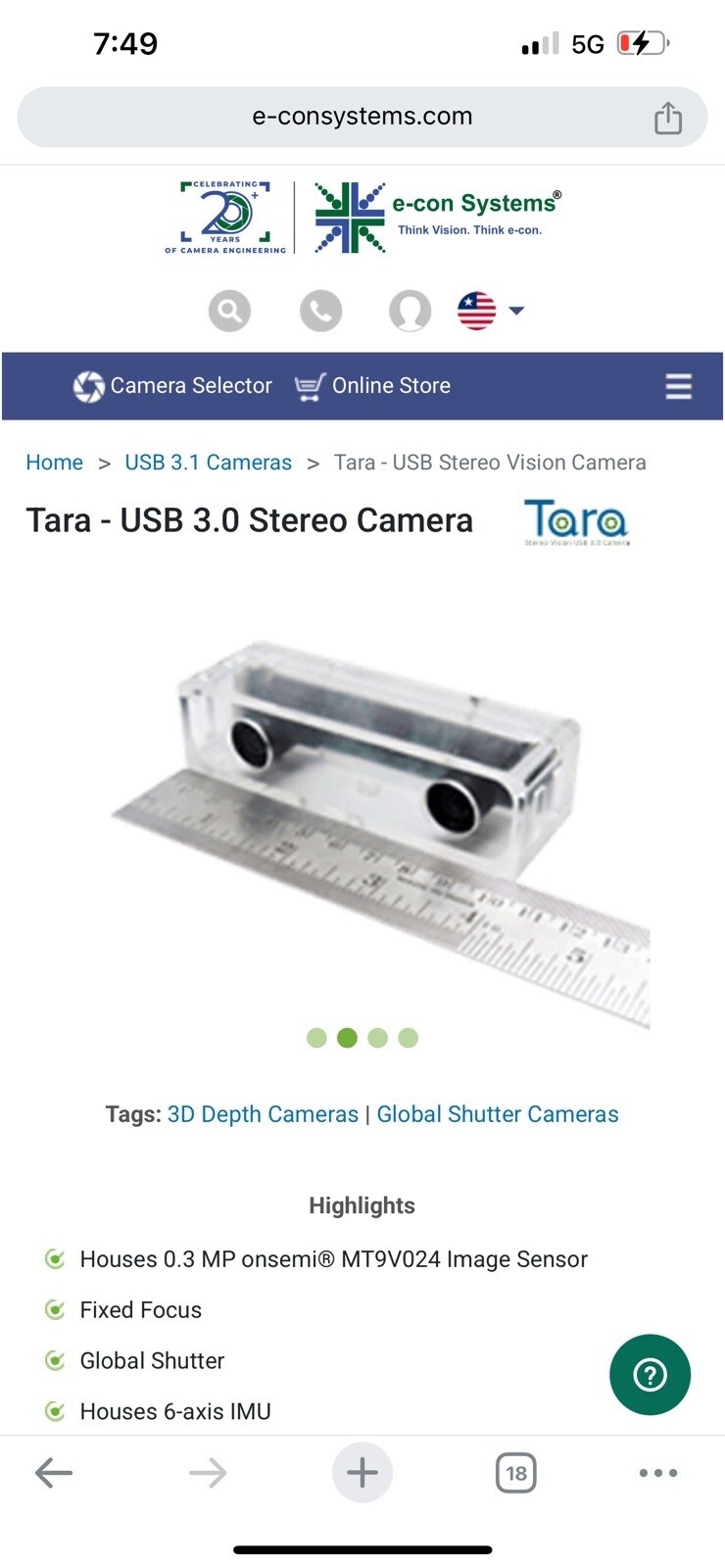 TARA Stereo Vision USB 3.0 Camera