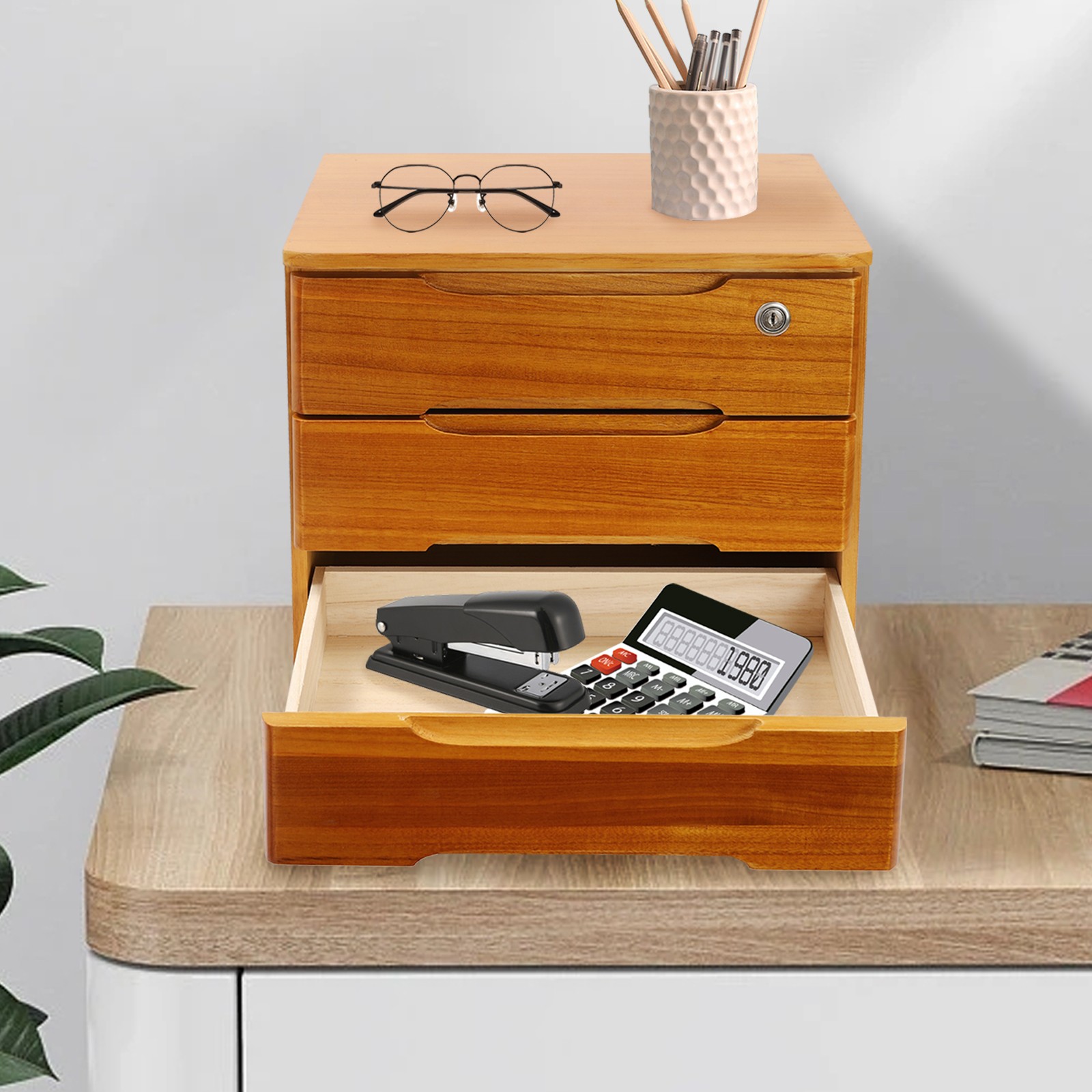 3 Tiers Wooden Desktop Storage Box Desk Organizer Cabinet With Lockable Drawers