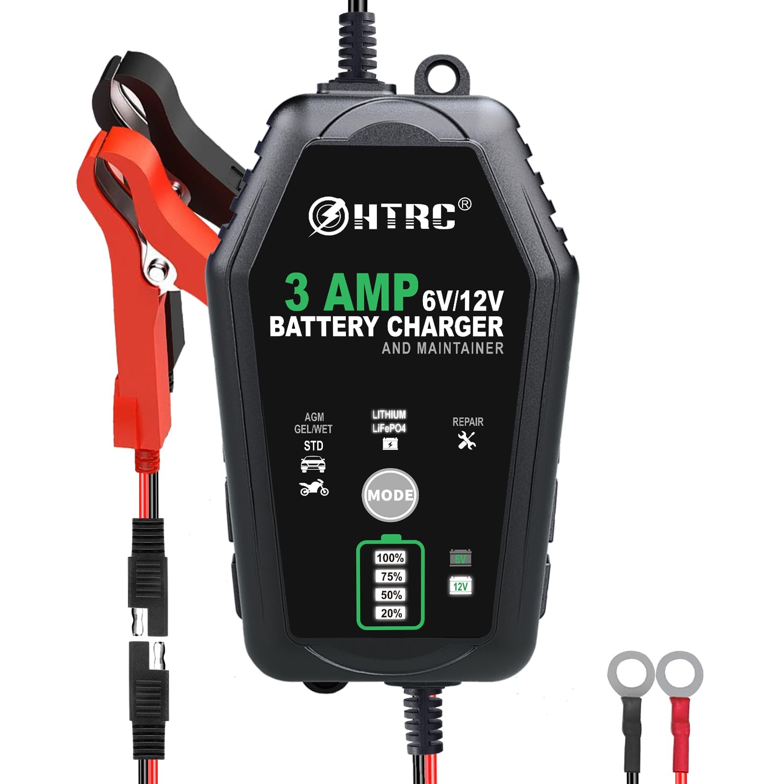 3-Amp Car Battery Charger, 6V and 12V Smart Fully Automatic 3Amp, black