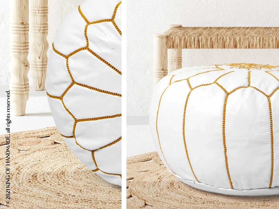 Moroccan Handmade Genuine Leather Boho Pouf Ottoman Footstool Pouffe White