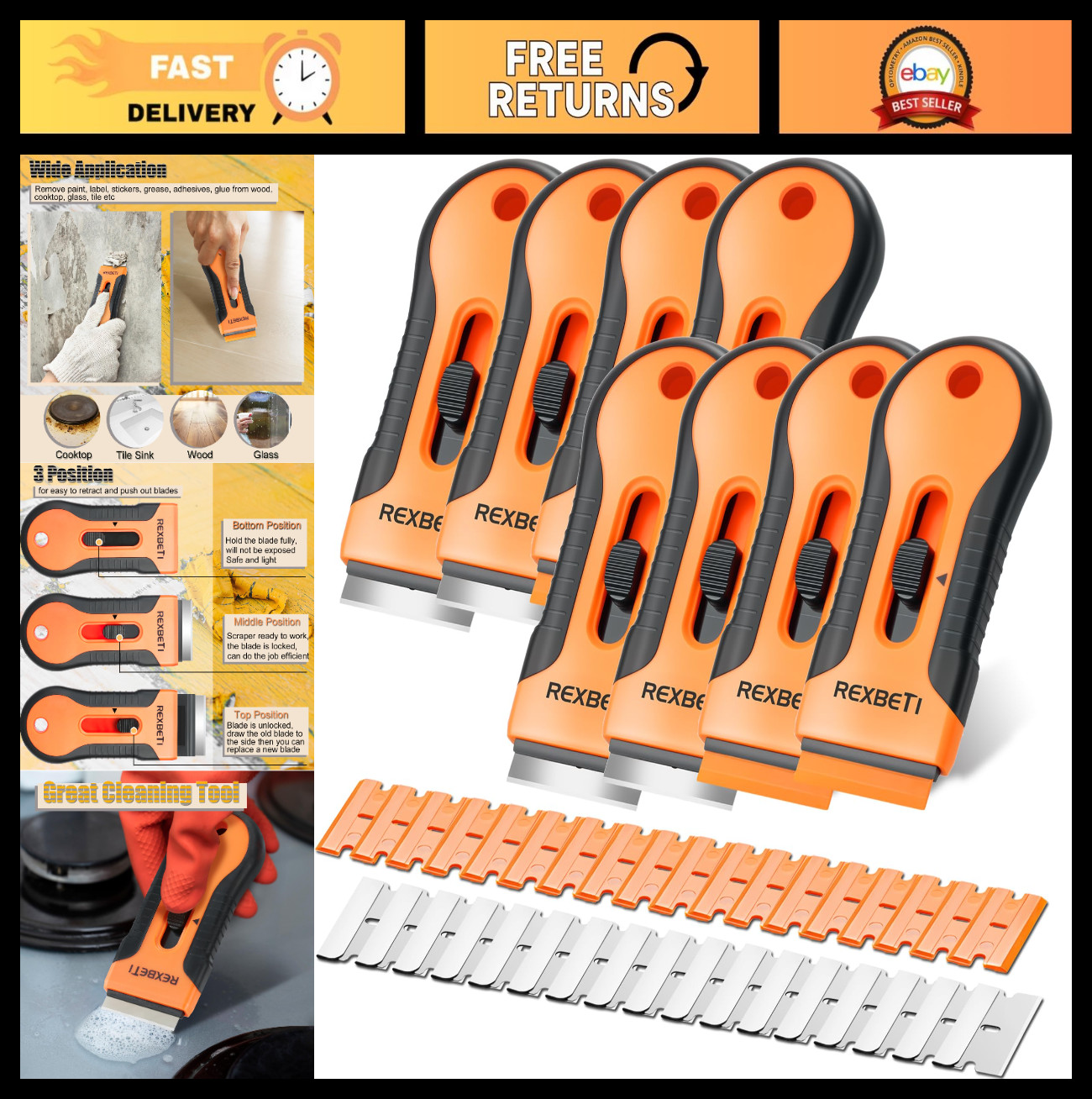 8 Pack Razor Blade Scraper Set - 240 Blades for Cleaning, Cooktop, Paint & Glass