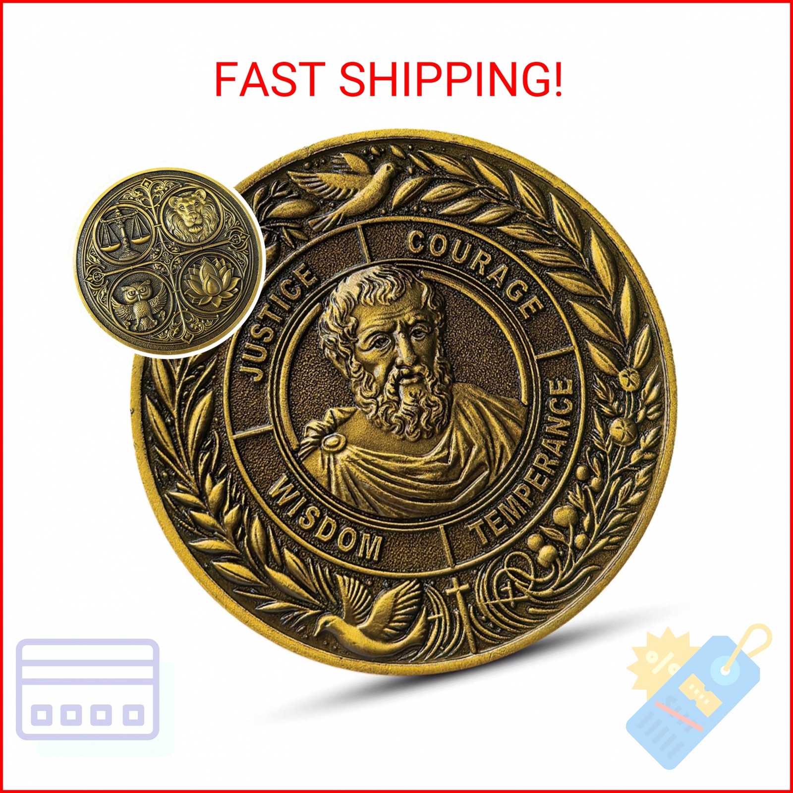 Four Cardinal Virtues Challenge Coin | Stoic Philosophy Wisdom Courage Justice T