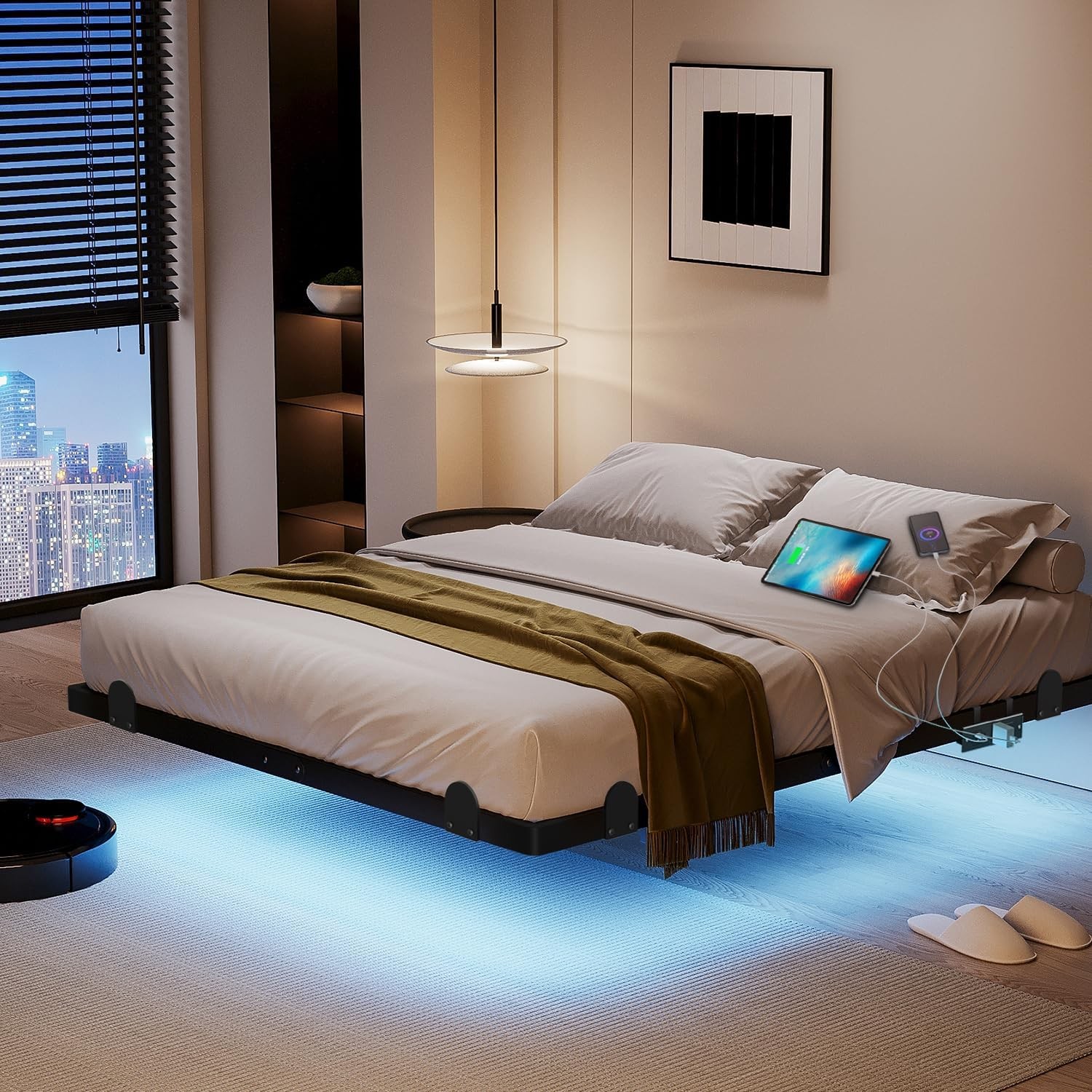 qimamo Floating Queen Bed Frame-14" Metal Platform with LED Lights & Charging