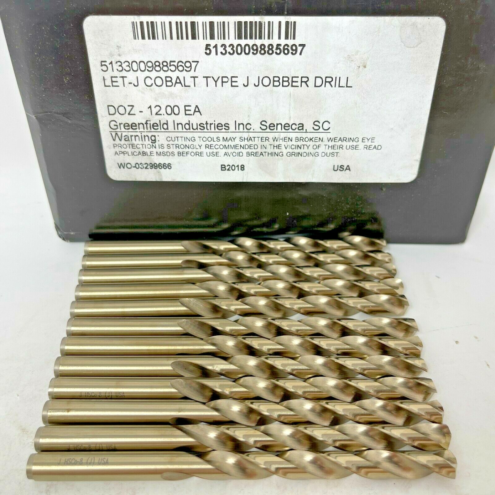 Greenfield Industries Cobalt Let-J Type J Jobber Drill Bit Pack of 12 HSCo-8 USA